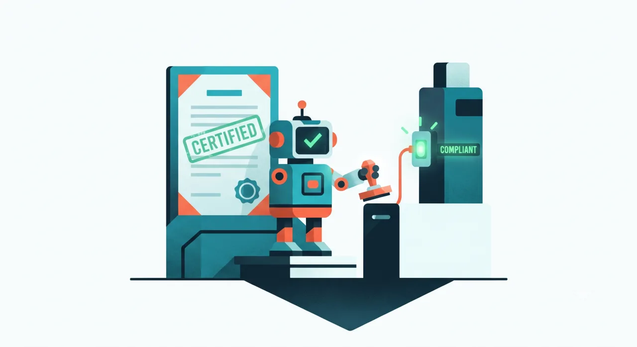 Illustration: ein Roboter steht mit einem Stempel neben einer Urkunde und einer grün leuchtenden Statusanzeige.