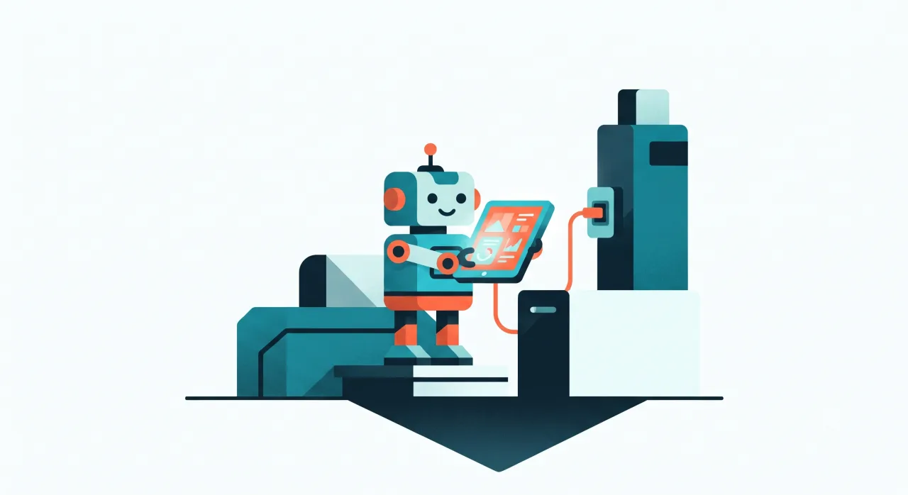 Illustration: ein Roboter hält ein Tablet, das per Kabel mit einem Schaltschrank verbunden ist, und liest Daten aus.
