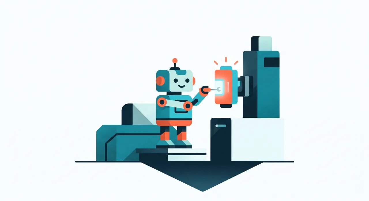 Illustration: ein Roboter schraubt mit einem Werkzeug an einem Modul, das an einem Schaltschrank sitzt.
